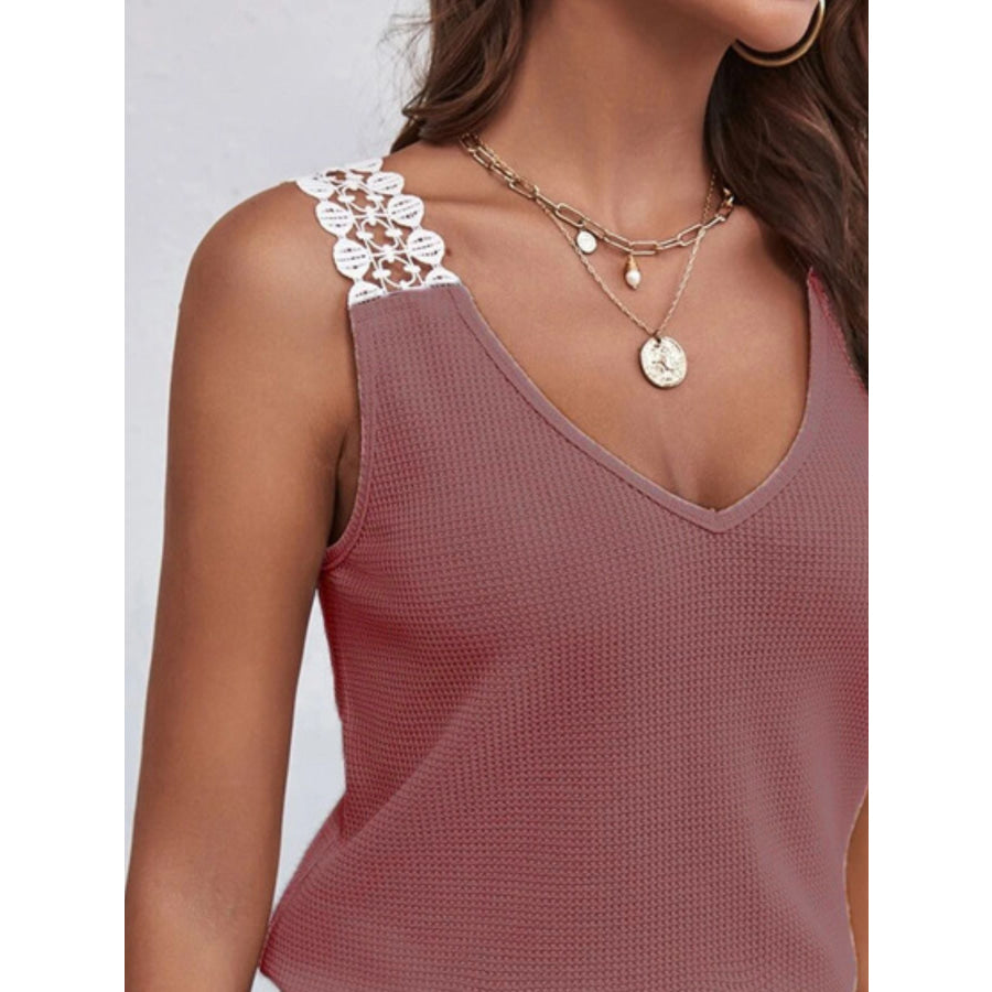 Full Size Lace Trim V-Neck Waffle Knit Tank Plus Size Apparel and Accessories