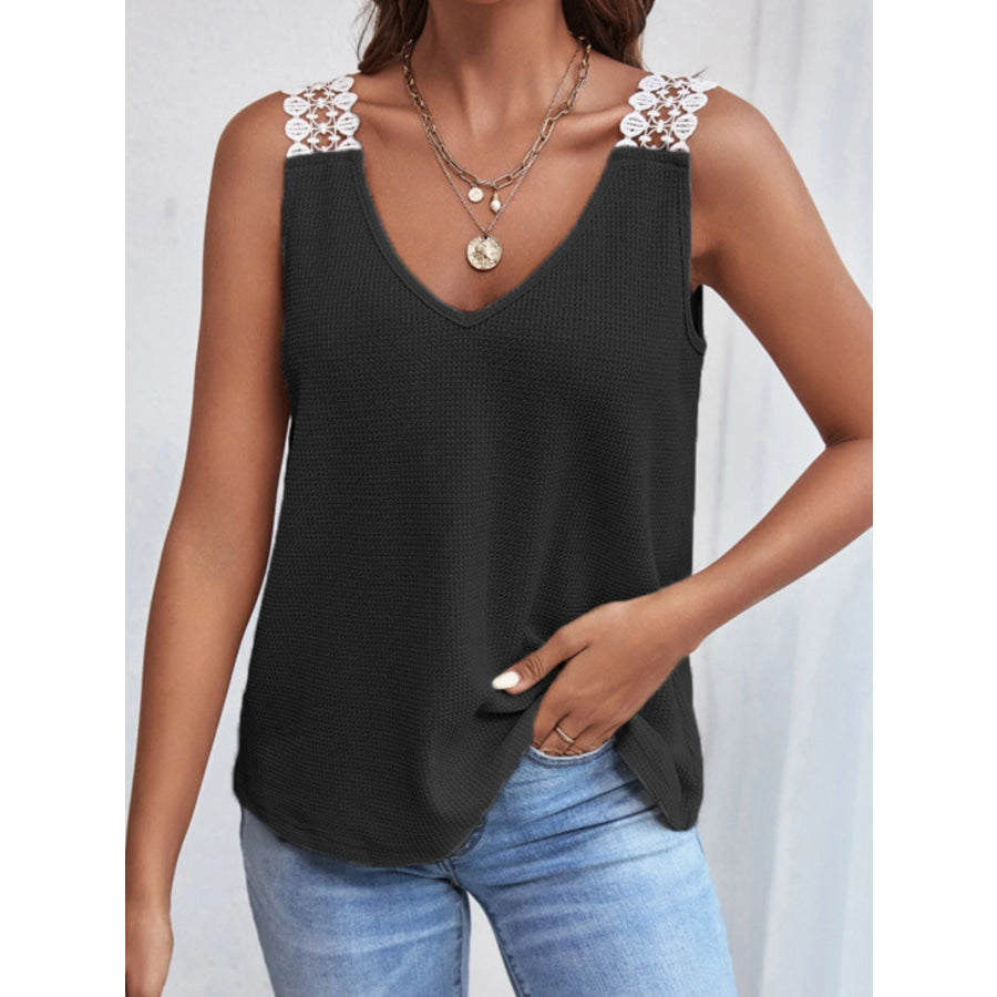 Full Size Lace Trim V-Neck Waffle Knit Tank Plus Size Black / S Apparel and Accessories