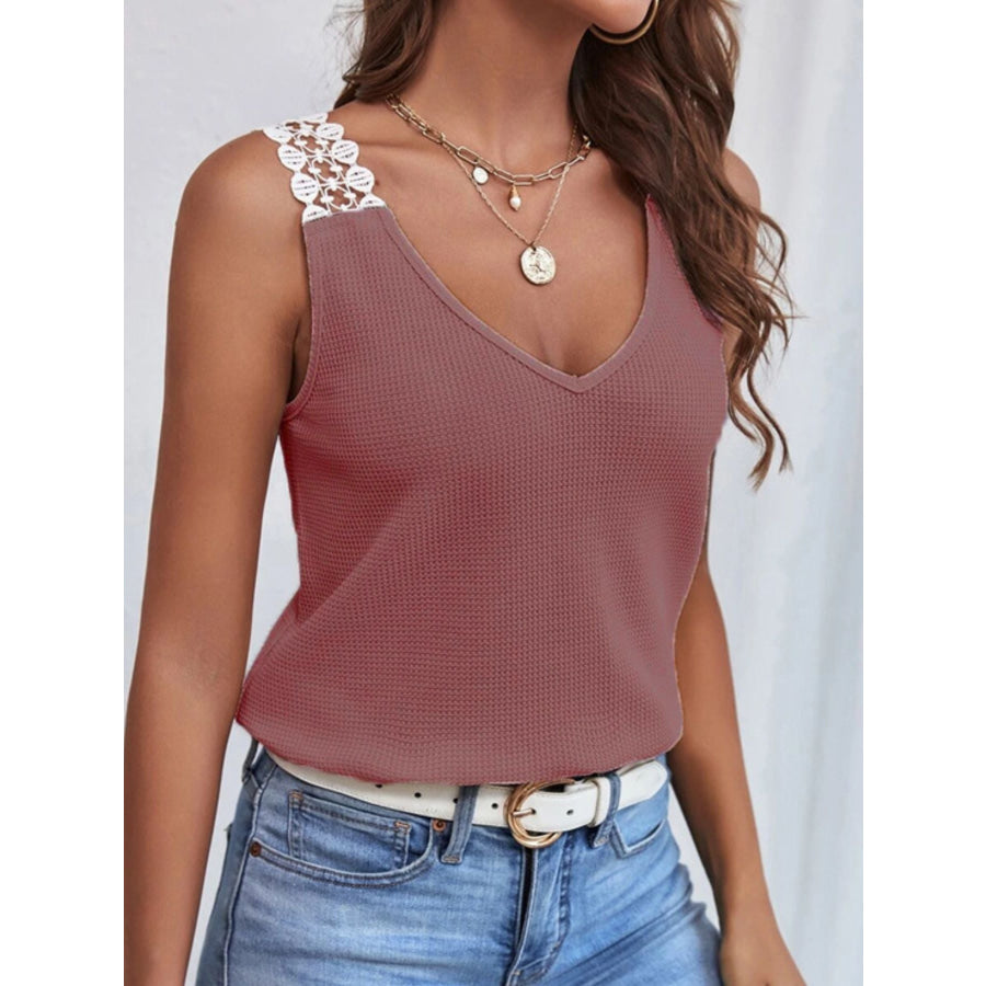 Full Size Lace Trim V-Neck Waffle Knit Tank Plus Size Deep Purple / S Apparel and Accessories