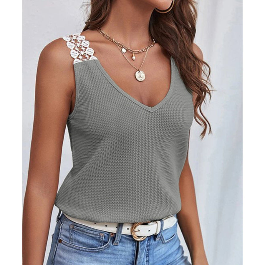 Full Size Lace Trim V-Neck Waffle Knit Tank Plus Size Gray / S Apparel and Accessories