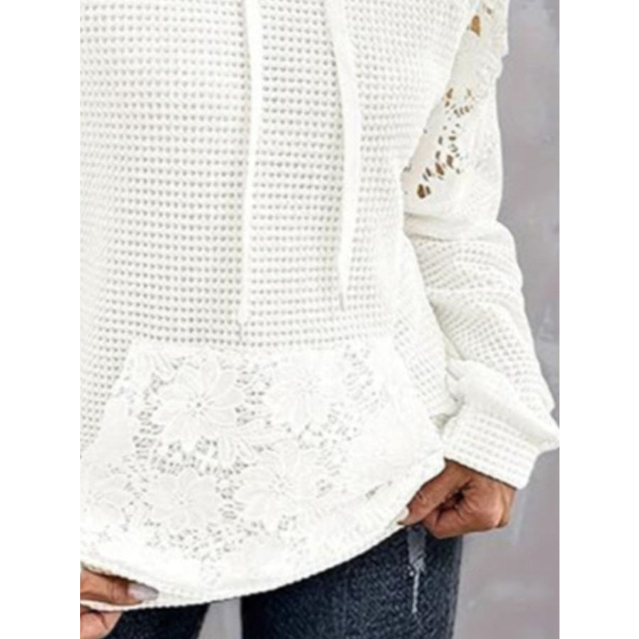 Full Size Lace Trim Waffle Knit Hoodie Plus Size Apparel and Accessories