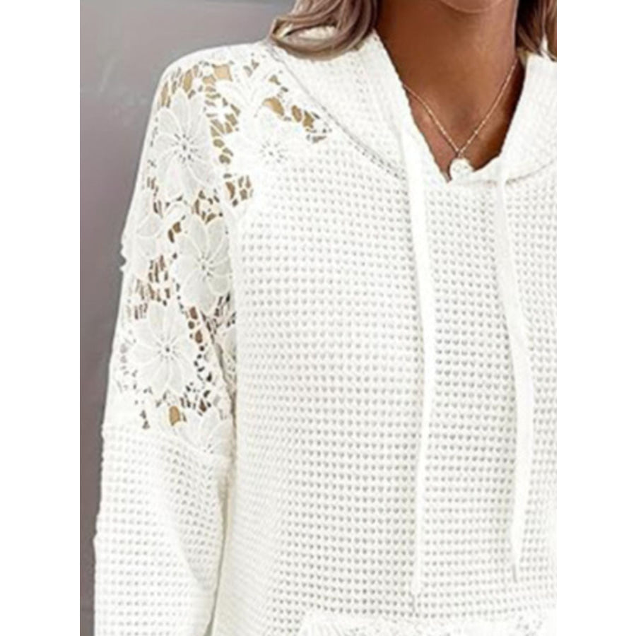 Full Size Lace Trim Waffle Knit Hoodie Plus Size White / S Apparel and Accessories