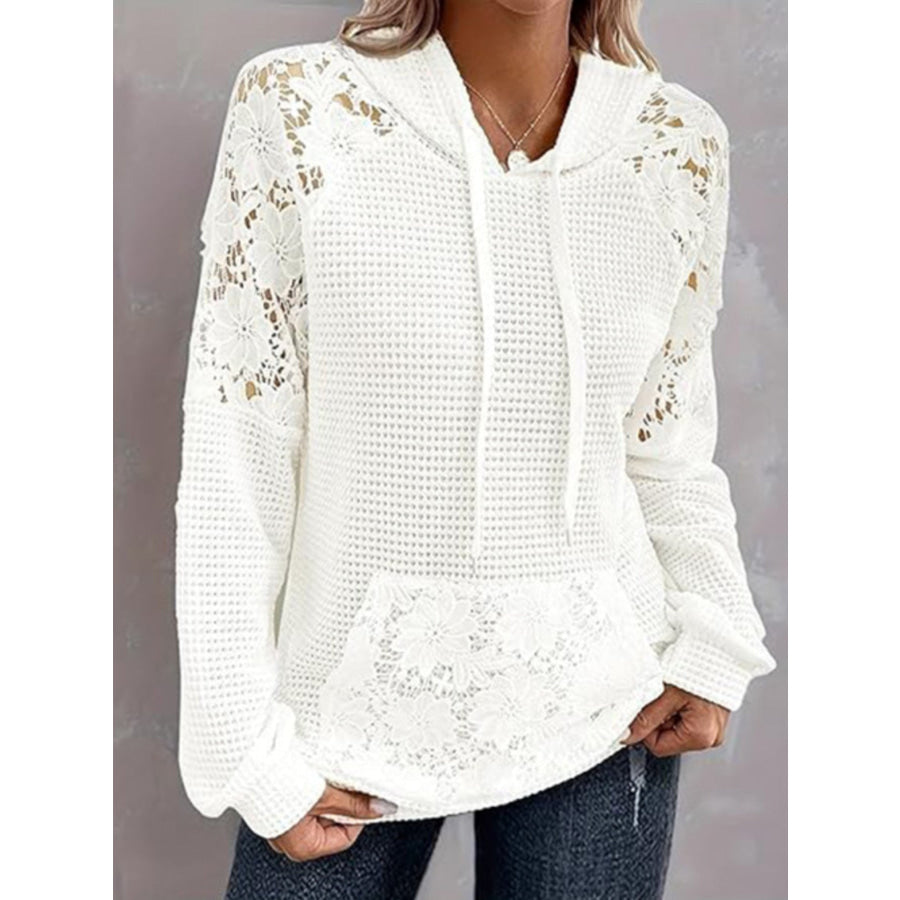 Full Size Lace Trim Waffle Knit Hoodie Plus Size White / S Apparel and Accessories