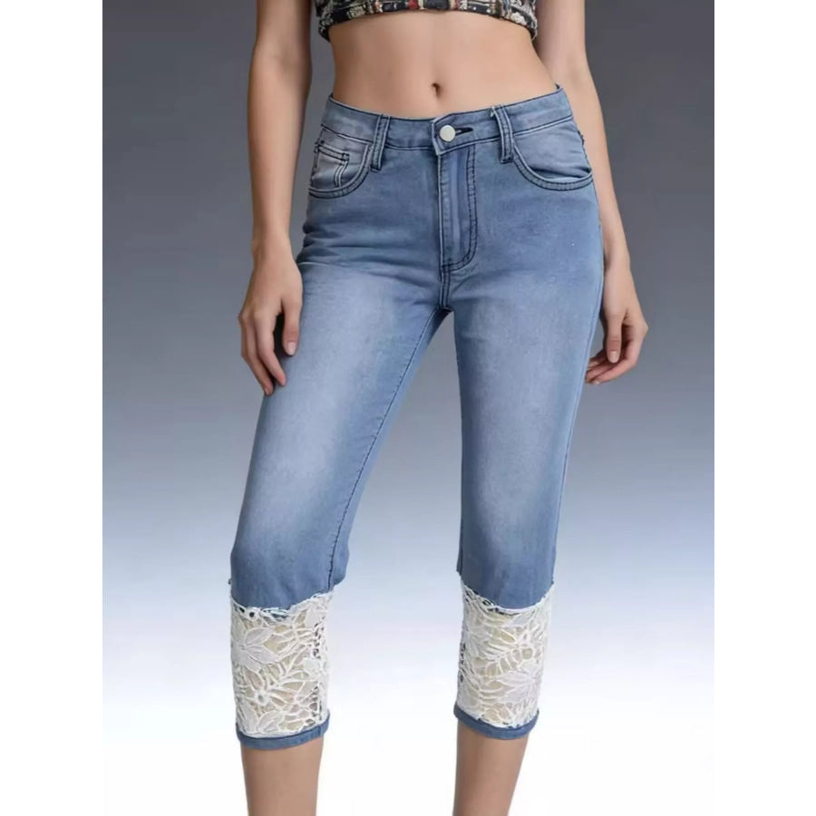 Full Size Lace Trimmed Capri Jeans Plus Size Apparel and Accessories