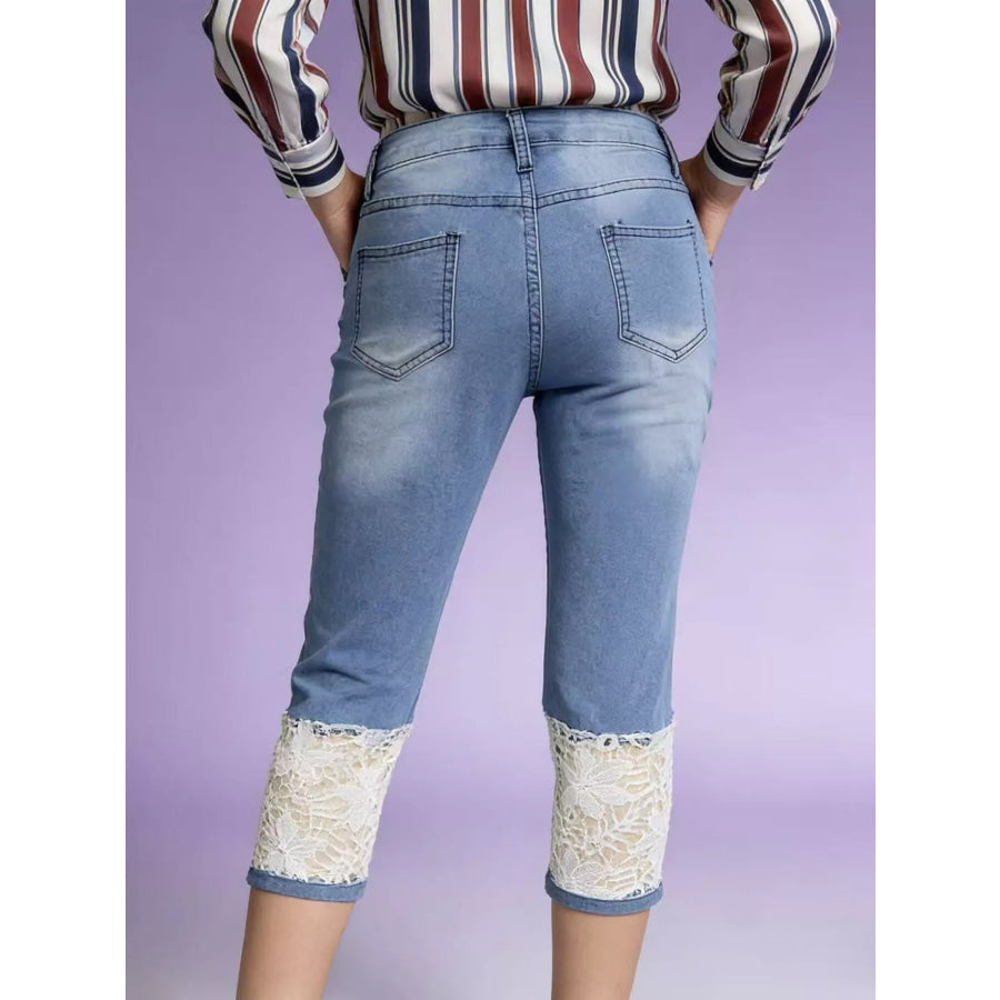 Full Size Lace Trimmed Capri Jeans Plus Size Apparel and Accessories