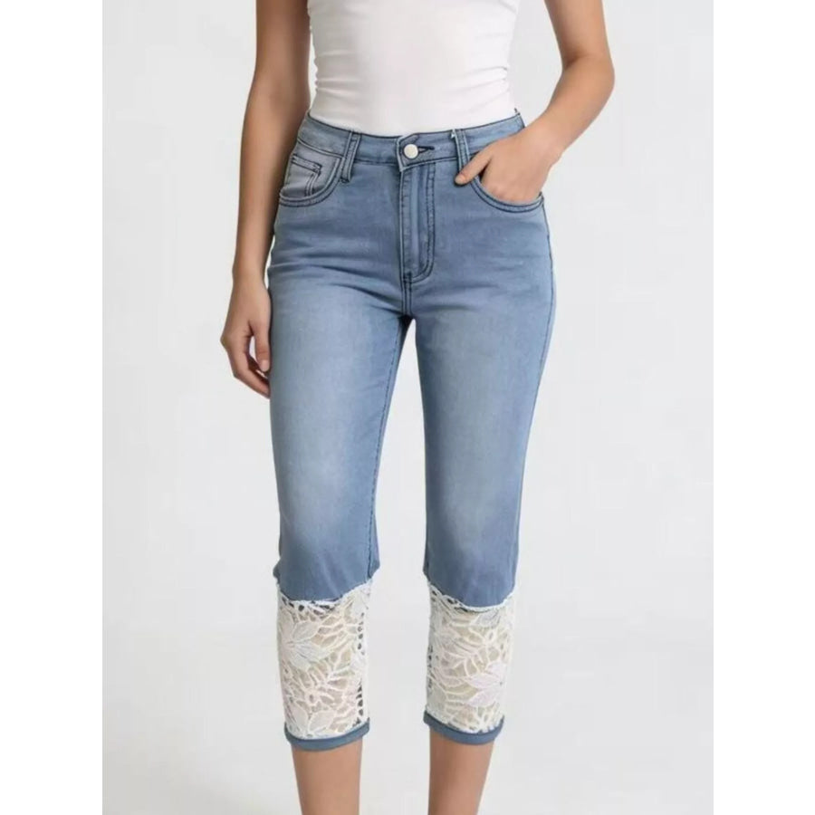 Full Size Lace Trimmed Capri Jeans Plus Size Apparel and Accessories