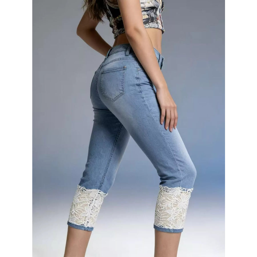 Full Size Lace Trimmed Capri Jeans Plus Size Apparel and Accessories