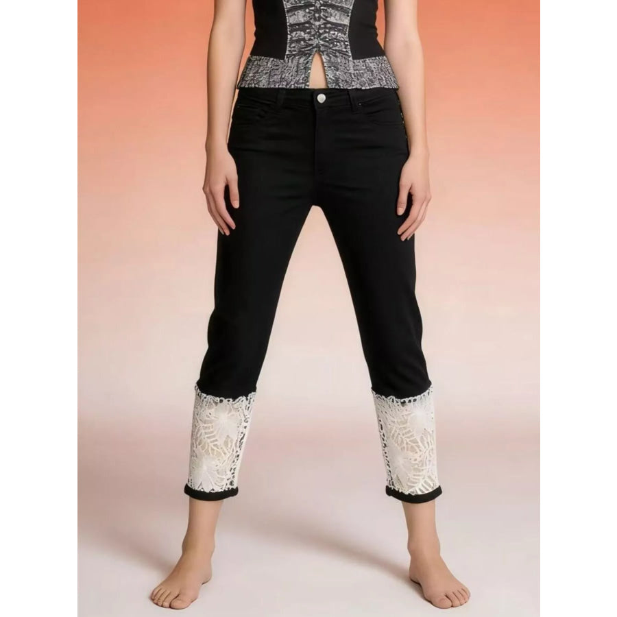 Full Size Lace Trimmed Capri Jeans Plus Size Black / S Apparel and Accessories
