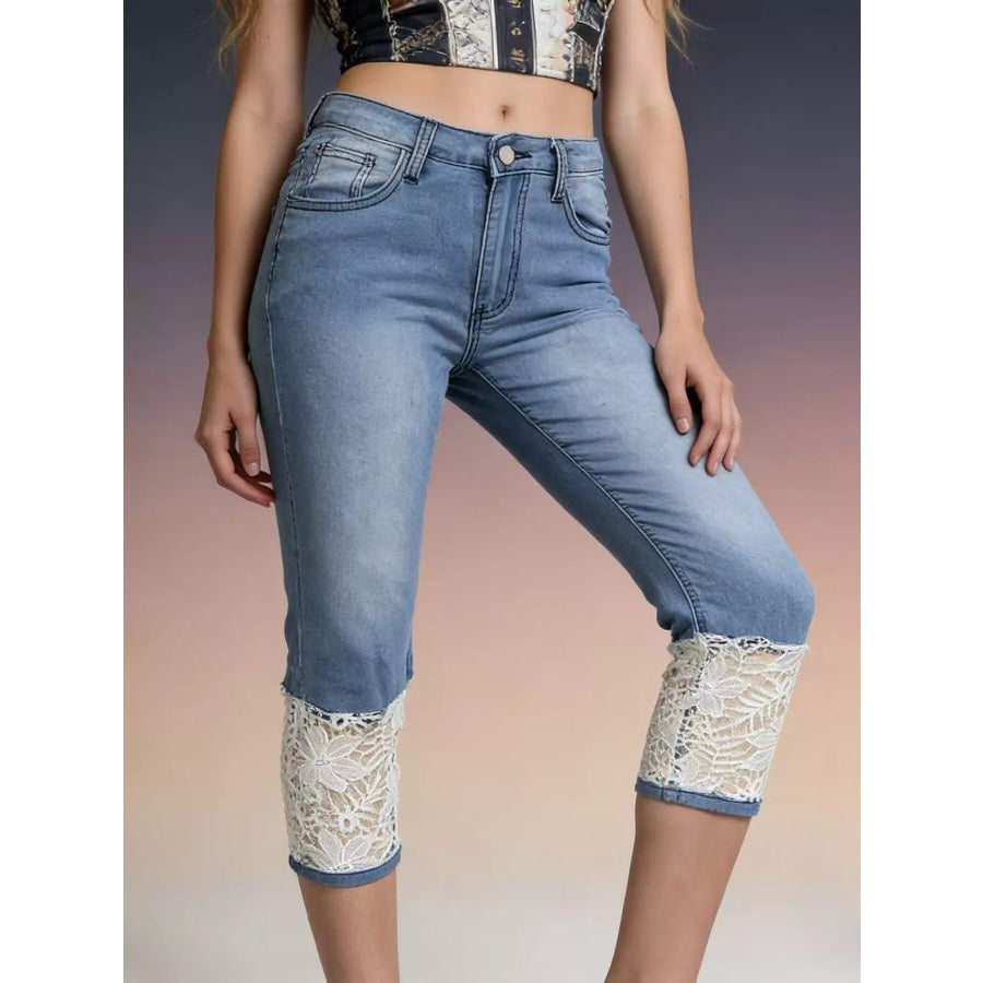 Full Size Lace Trimmed Capri Jeans Plus Size Blue / S Apparel and Accessories