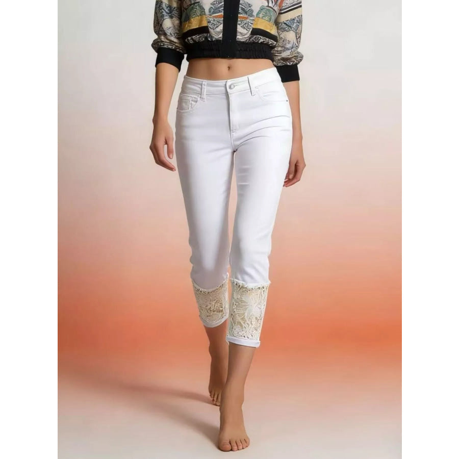 Full Size Lace Trimmed Capri Jeans Plus Size Gray/white / S Apparel and Accessories