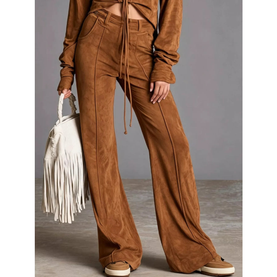 Full Size Lace-Up Long Sleeve Top and Wide-Leg Pants Set Plus Size Apparel and Accessories