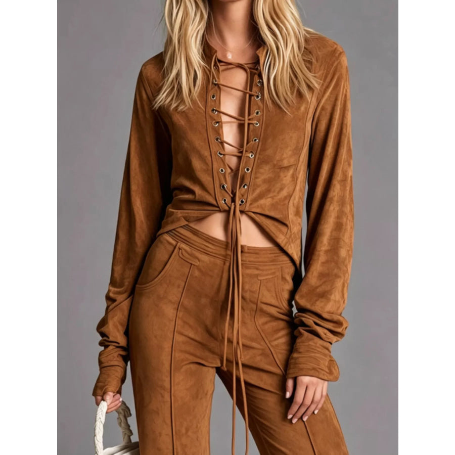 Full Size Lace-Up Long Sleeve Top and Wide-Leg Pants Set Plus Size Apparel and Accessories