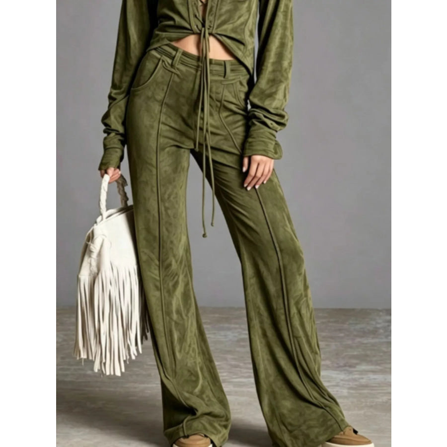 Full Size Lace-Up Long Sleeve Top and Wide-Leg Pants Set Plus Size Apparel and Accessories