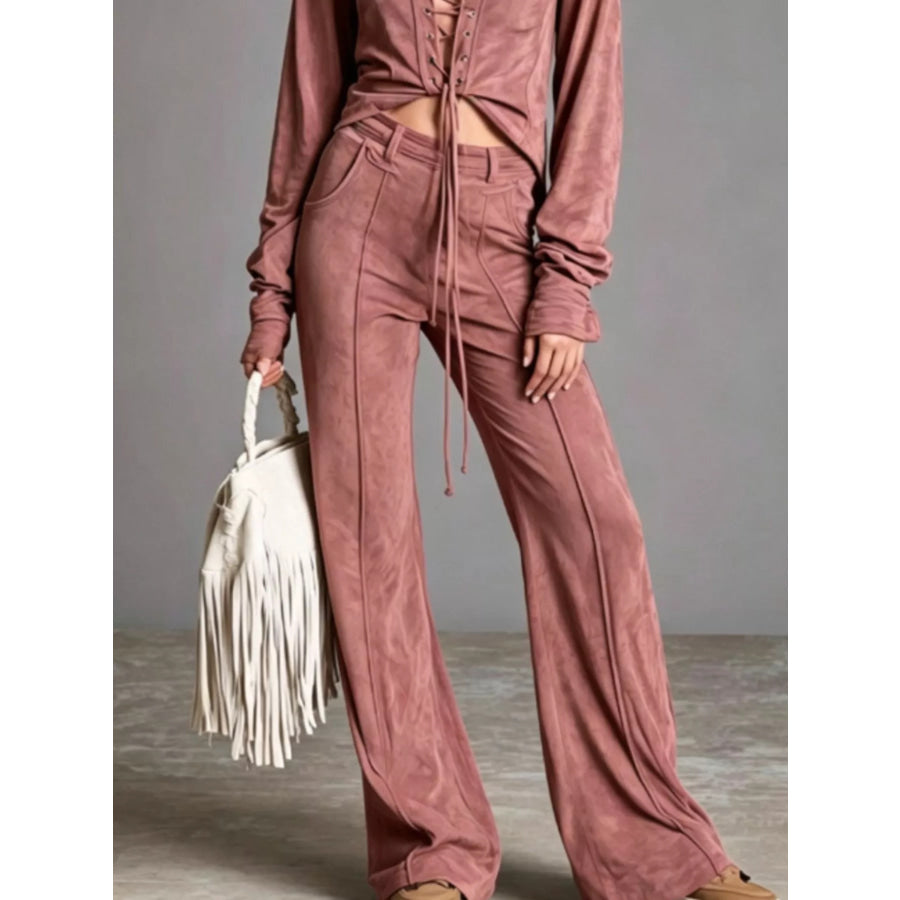 Full Size Lace-Up Long Sleeve Top and Wide-Leg Pants Set Plus Size Apparel and Accessories