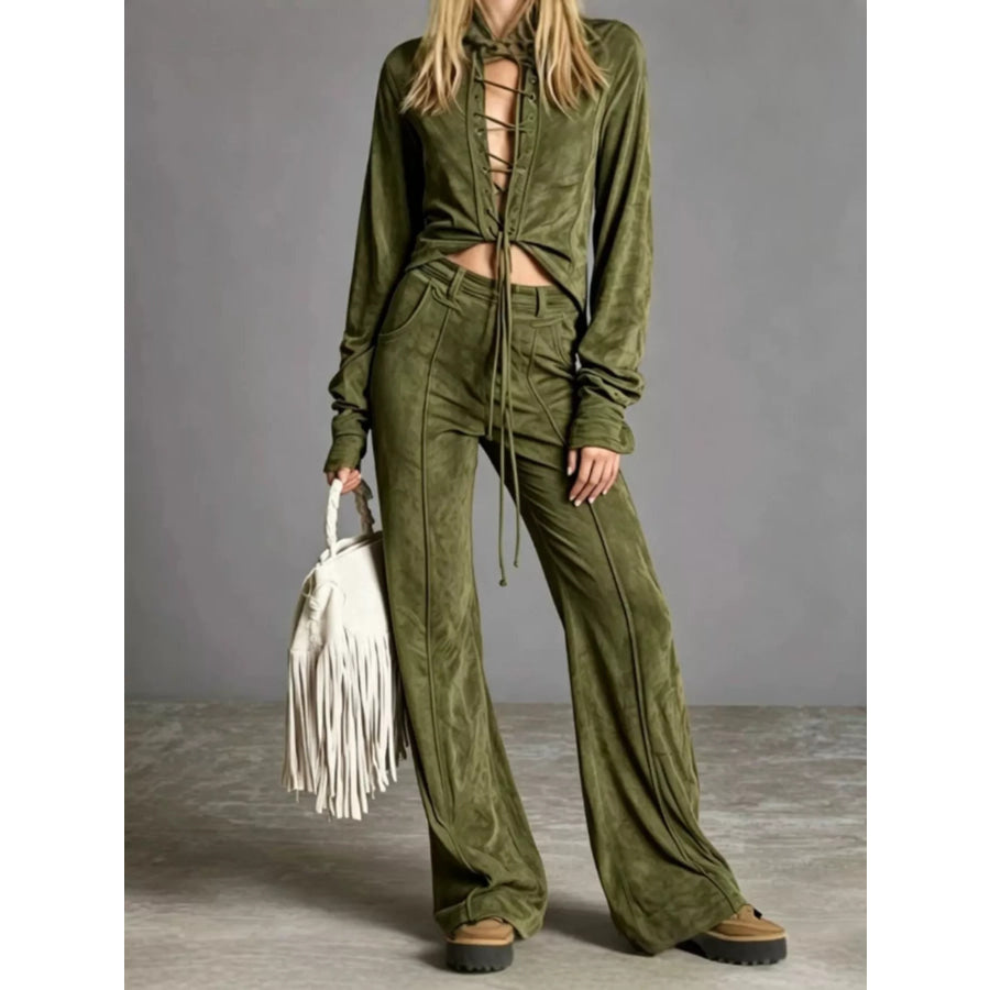 Full Size Lace-Up Long Sleeve Top and Wide-Leg Pants Set Plus Size Army Green / S Apparel and Accessories