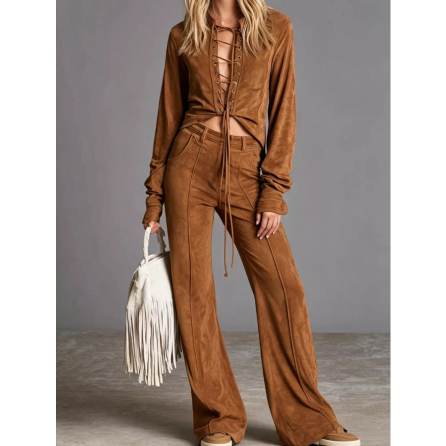 Full Size Lace-Up Long Sleeve Top and Wide-Leg Pants Set Plus Size Brown / S Apparel and Accessories
