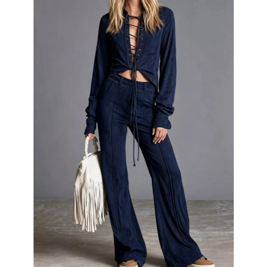 Full Size Lace-Up Long Sleeve Top and Wide-Leg Pants Set Plus Size Dark Blue / S Apparel and Accessories