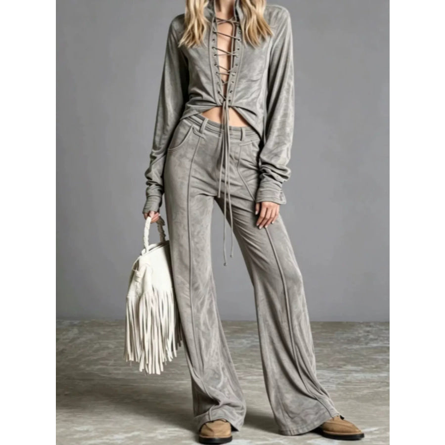 Full Size Lace-Up Long Sleeve Top and Wide-Leg Pants Set Plus Size Gray / S Apparel and Accessories