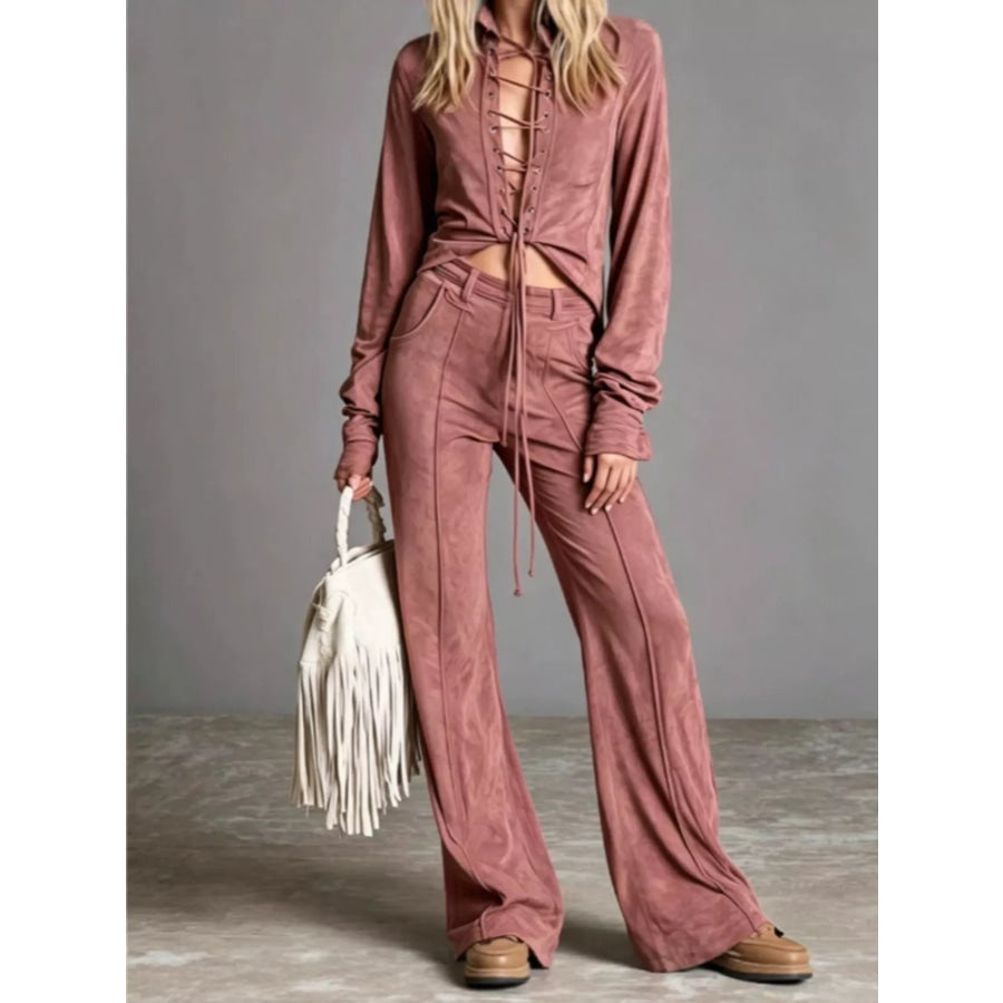 Full Size Lace-Up Long Sleeve Top and Wide-Leg Pants Set Plus Size Pink / S Apparel and Accessories