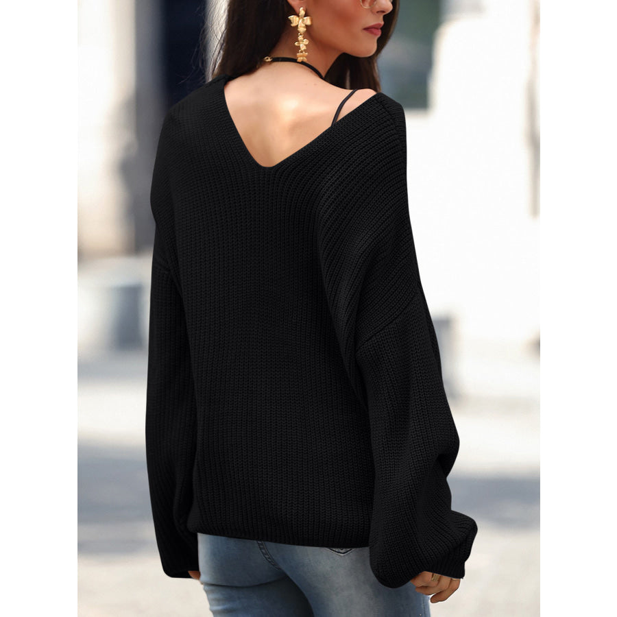 Full Size Lace Up V-Neck Long Sleeve Sweater Apparel and Accessories