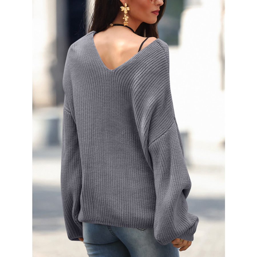 Full Size Lace Up V-Neck Long Sleeve Sweater Apparel and Accessories