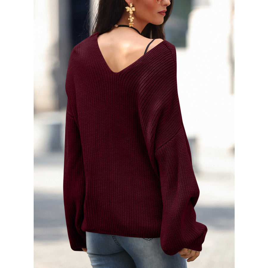 Full Size Lace Up V-Neck Long Sleeve Sweater Apparel and Accessories