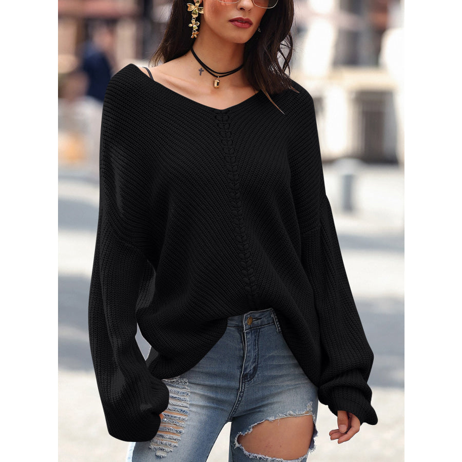 Full Size Lace Up V-Neck Long Sleeve Sweater Black / S Apparel and Accessories