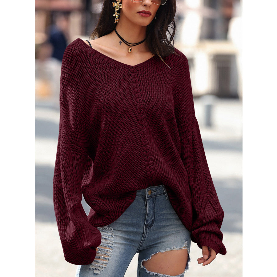 Full Size Lace Up V-Neck Long Sleeve Sweater Burgundy / S Apparel and Accessories