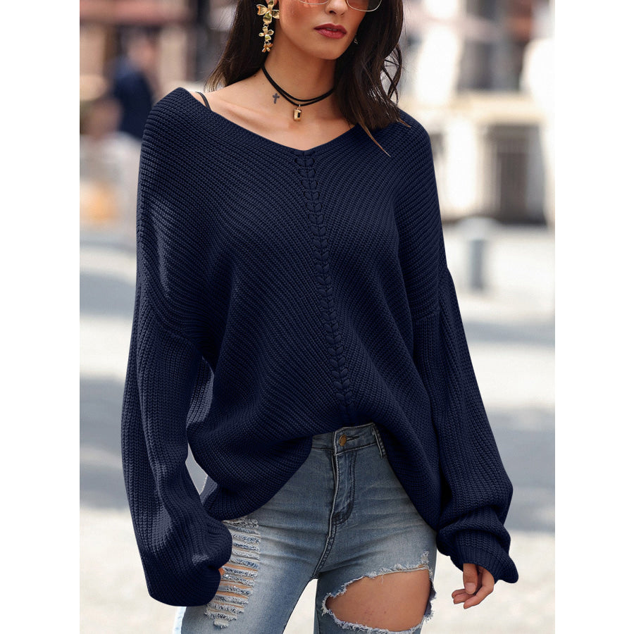 Full Size Lace Up V-Neck Long Sleeve Sweater Dark Blue / S Apparel and Accessories