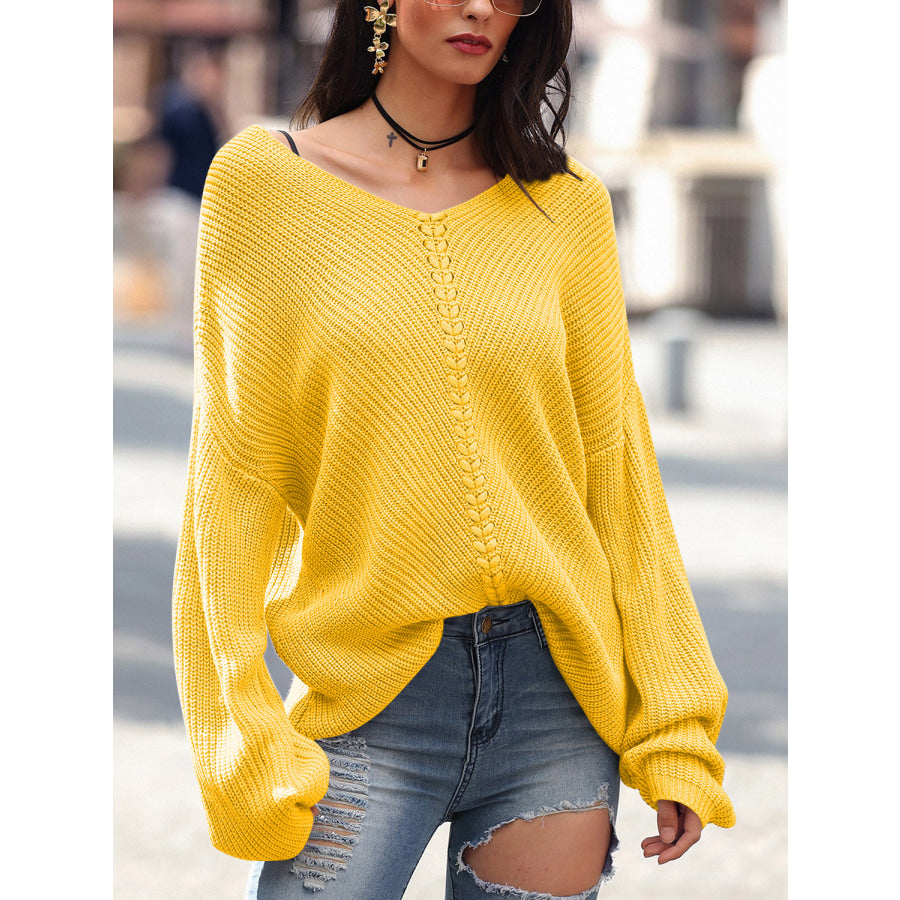 Full Size Lace Up V-Neck Long Sleeve Sweater Yellow / S Apparel and Accessories