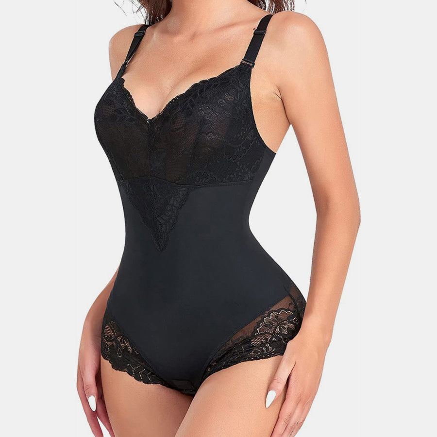 Full Size Lace V - Neck Spaghetti Strap Shaping Bodysuit Black / S Apparel and Accessories