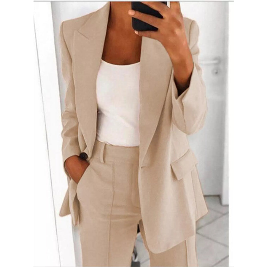 Full Size Lapel Collar Blazer and Pants Set Plus Apricot Suit / S Apparel Accessories