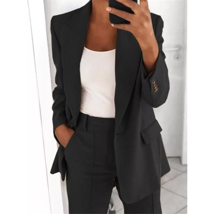 Full Size Lapel Collar Blazer and Pants Set Plus Black Suit / S Apparel Accessories