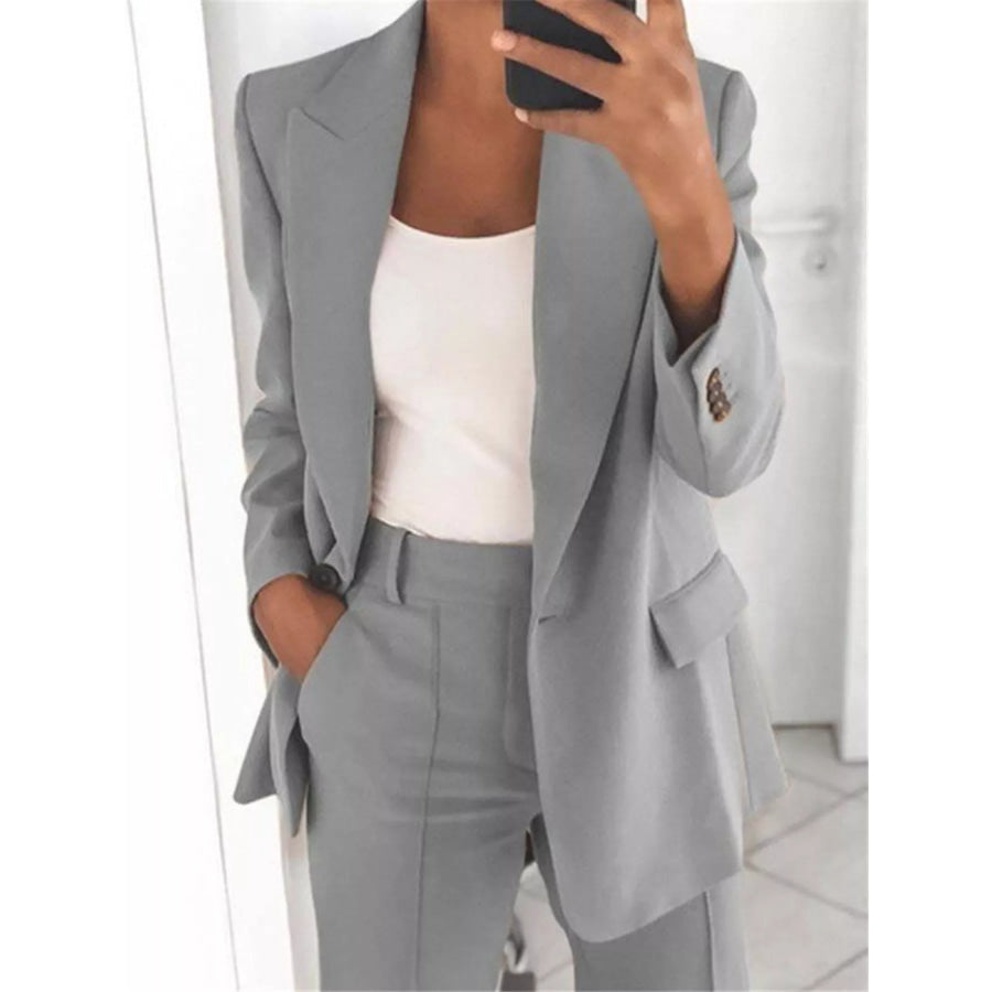 Full Size Lapel Collar Blazer and Pants Set Plus Gray Suit / S Apparel Accessories