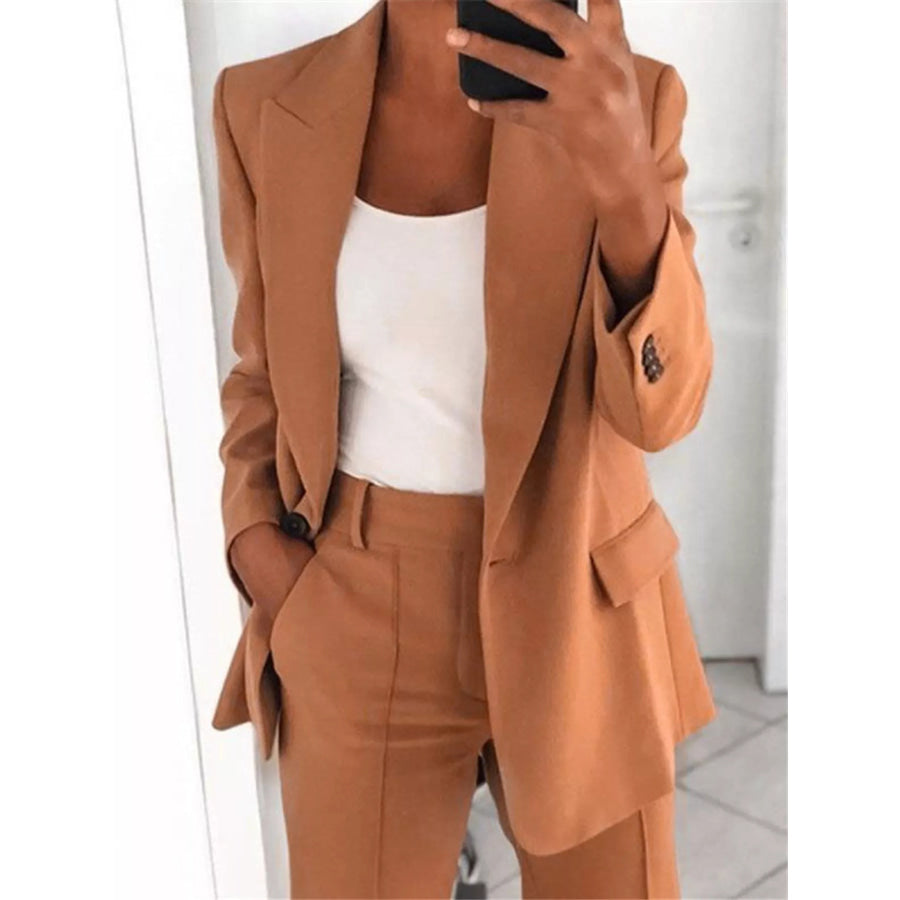 Full Size Lapel Collar Blazer and Pants Set Plus Khaki Suit / S Apparel Accessories