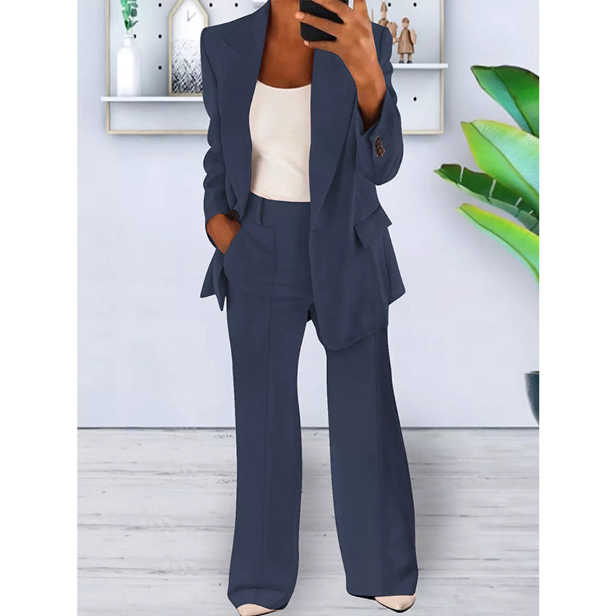 Full Size Lapel Collar Blazer and Pants Set Plus Navy Blue Suit / S Apparel Accessories