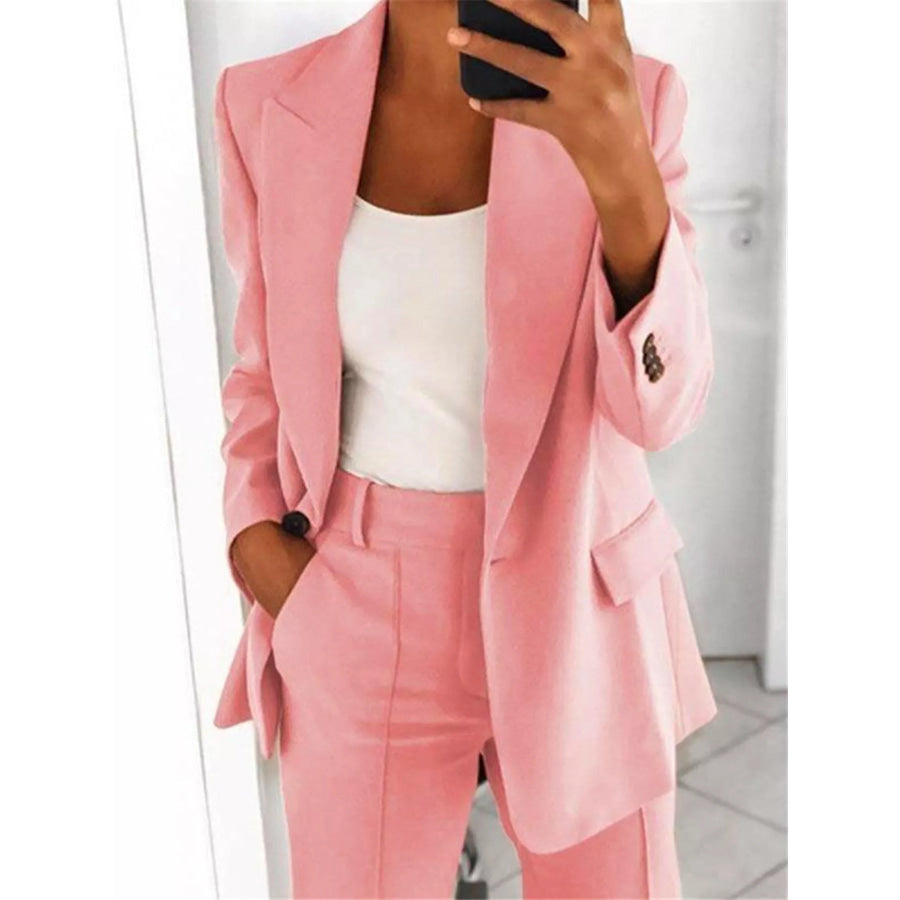 Full Size Lapel Collar Blazer and Pants Set Plus Pink Suit / S Apparel Accessories