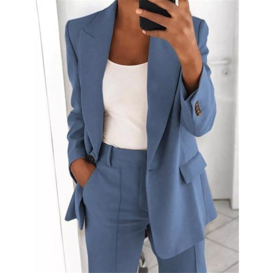 Full Size Lapel Collar Blazer and Pants Set Plus Sky Blue Suit / S Apparel Accessories