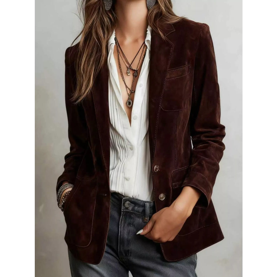 Full Size Lapel Collar Button Up Blazer Plus Apparel and Accessories