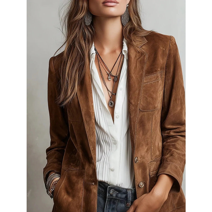 Full Size Lapel Collar Button Up Blazer Plus Apparel and Accessories