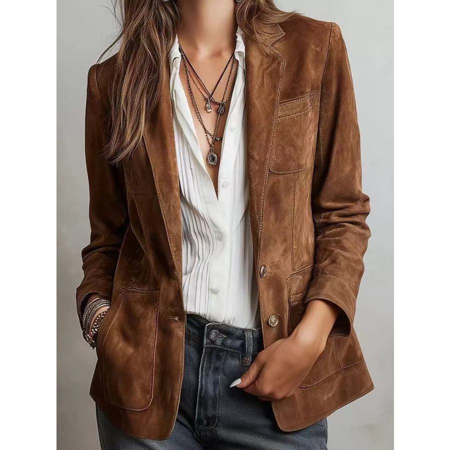 Full Size Lapel Collar Button Up Blazer Plus Apparel and Accessories