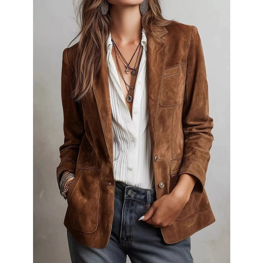Full Size Lapel Collar Button Up Blazer Plus Caramel / S Apparel and Accessories