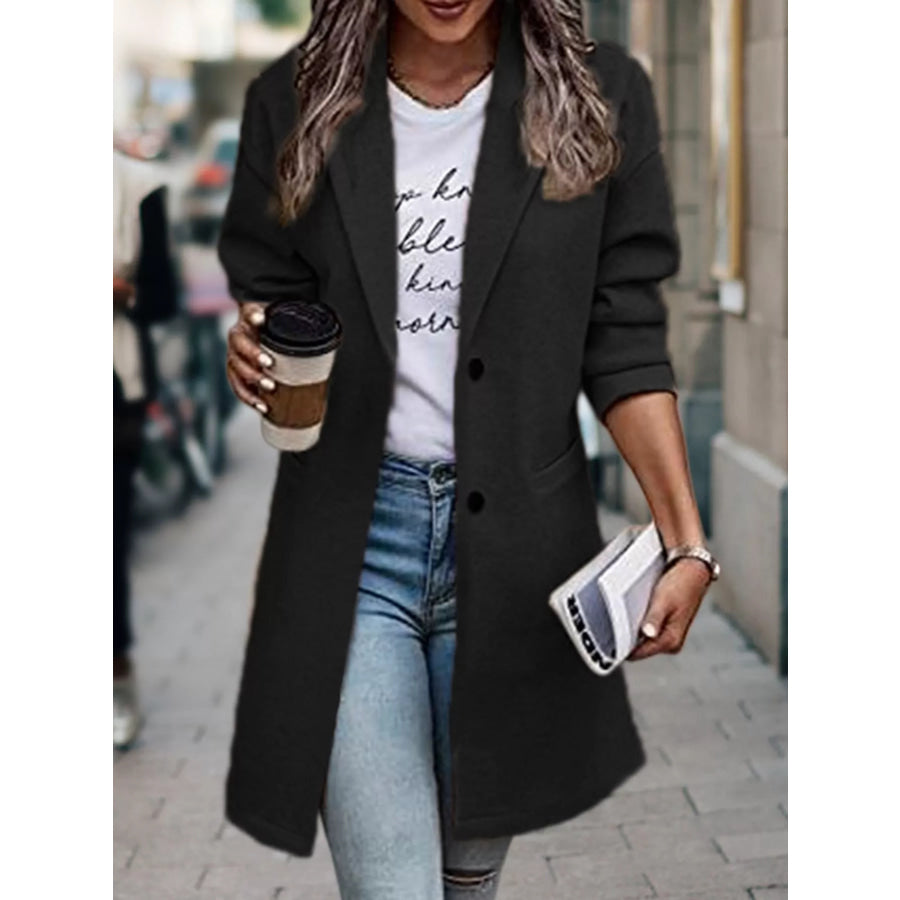 Full Size Lapel Collar Button Up Coat Plus Black / S Apparel and Accessories