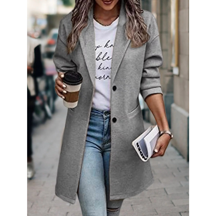 Full Size Lapel Collar Button Up Coat Plus Gray / S Apparel and Accessories