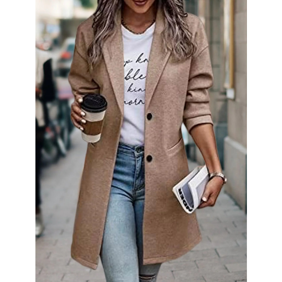 Full Size Lapel Collar Button Up Coat Plus Khaki / S Apparel and Accessories