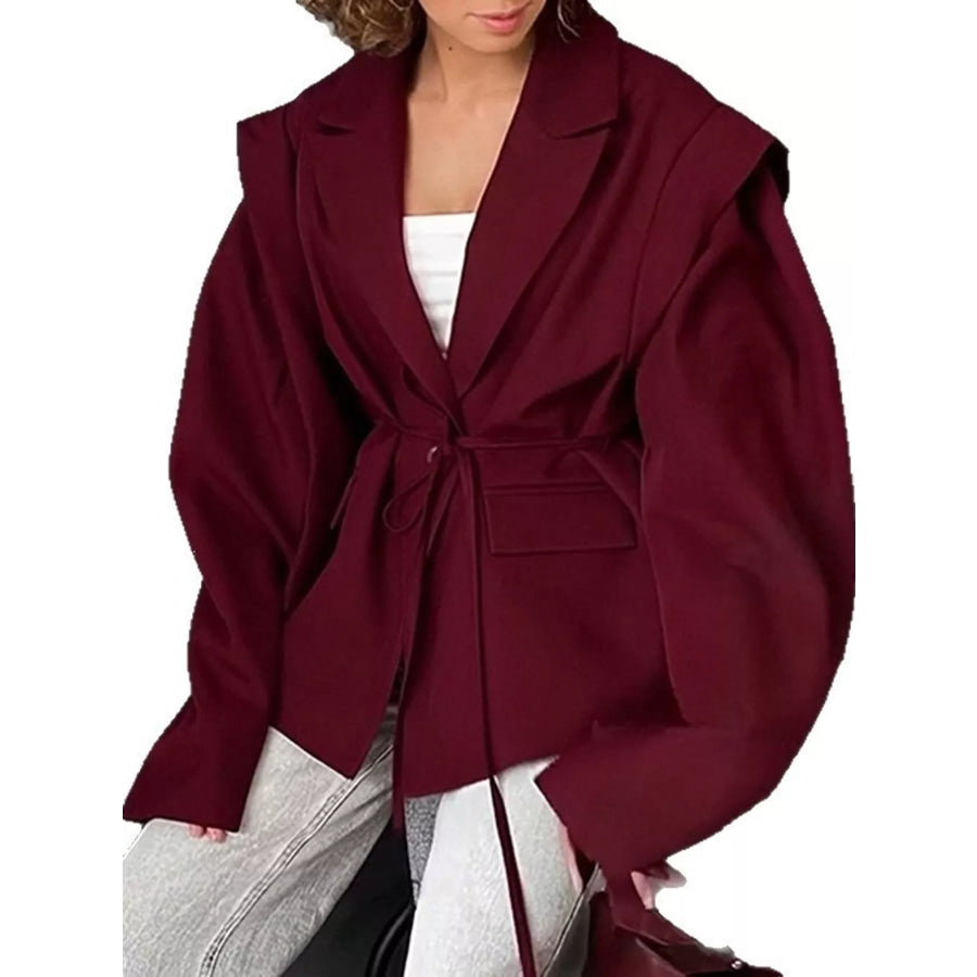 Full Size Lapel Collar Long Sleeve Blazer Plus Burgundy / S Apparel and Accessories