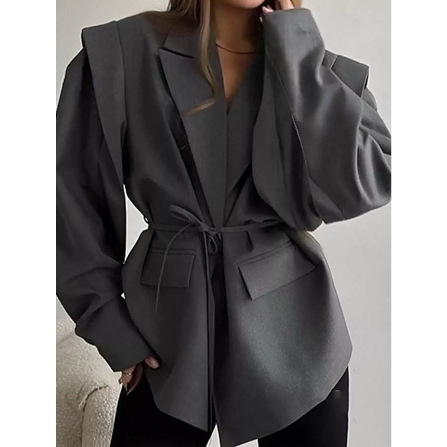 Full Size Lapel Collar Long Sleeve Blazer Plus Gray / S Apparel and Accessories