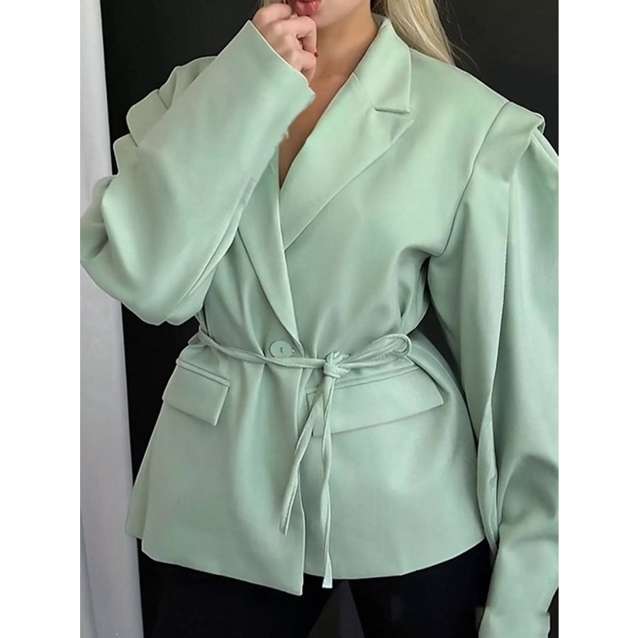 Full Size Lapel Collar Long Sleeve Blazer Plus Green / S Apparel and Accessories