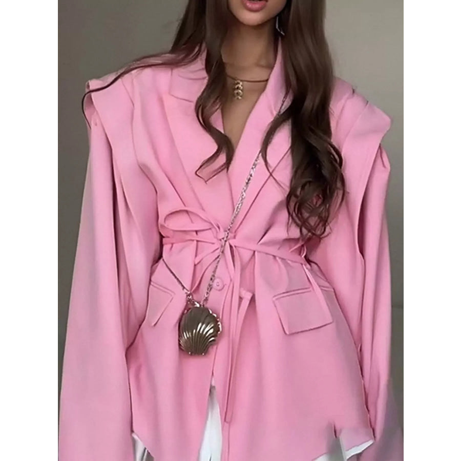 Full Size Lapel Collar Long Sleeve Blazer Plus Pink / S Apparel and Accessories