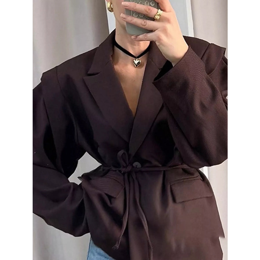Full Size Lapel Collar Long Sleeve Blazer Plus Reddish Brown / S Apparel and Accessories